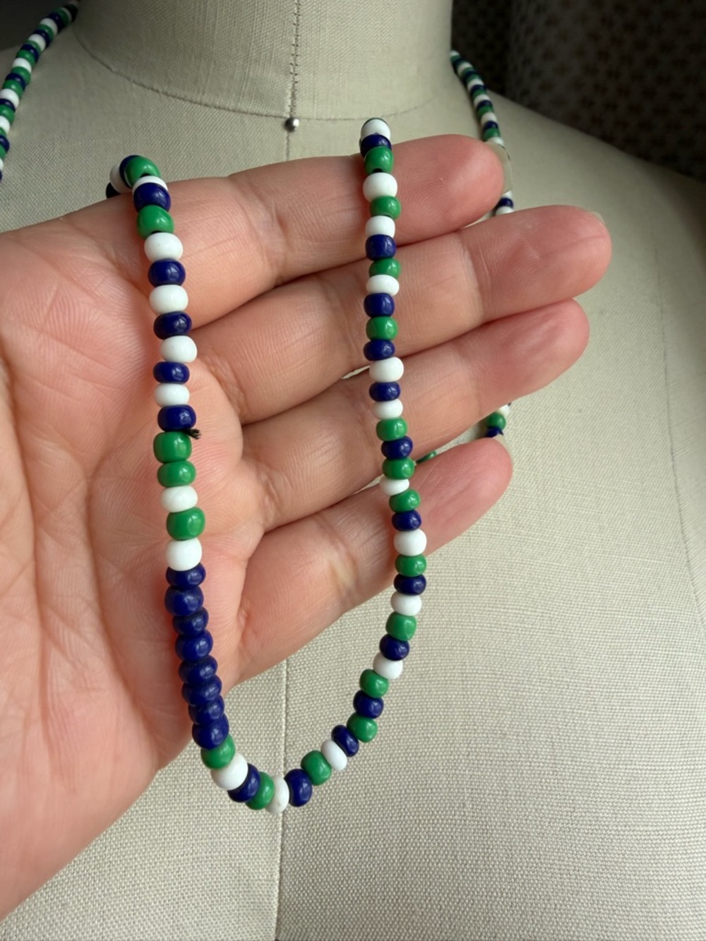 Handmade Green Blue White Seed Beaded 32 Inch Long Necklace No Closure